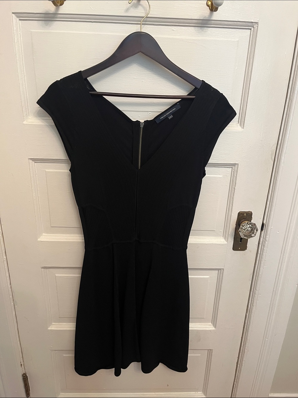 French Connection Black V‑Neck Cap Sleeve Mini Dress